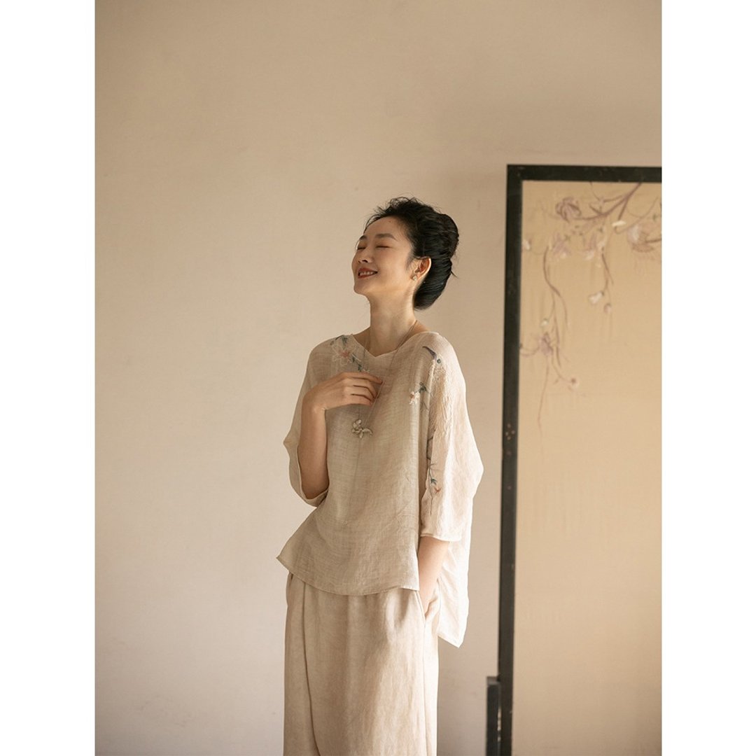 刺绣苎麻衬衫清凉文艺复古轻薄宽松 - 女装衬衫 - 棉 