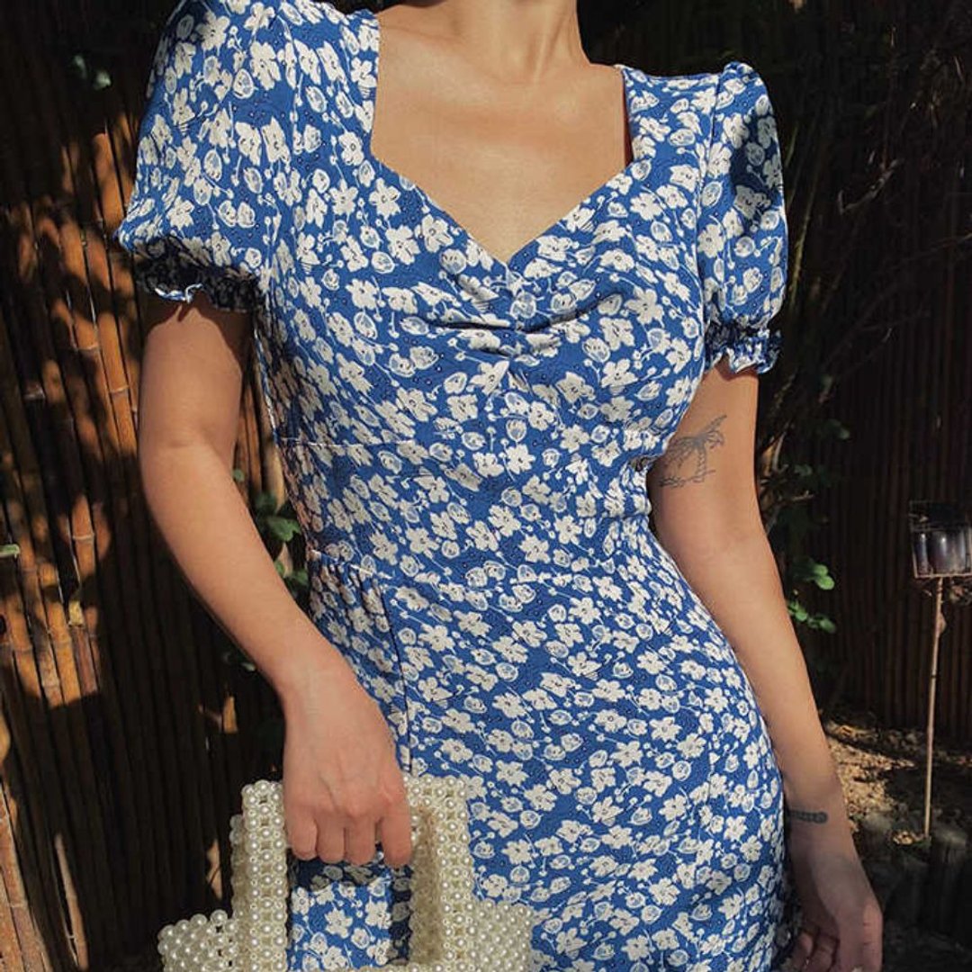 Blue Floral Ruched Y2K Picnic Mini Dress - 洋装/连衣裙 - 聚酯纤维 蓝色