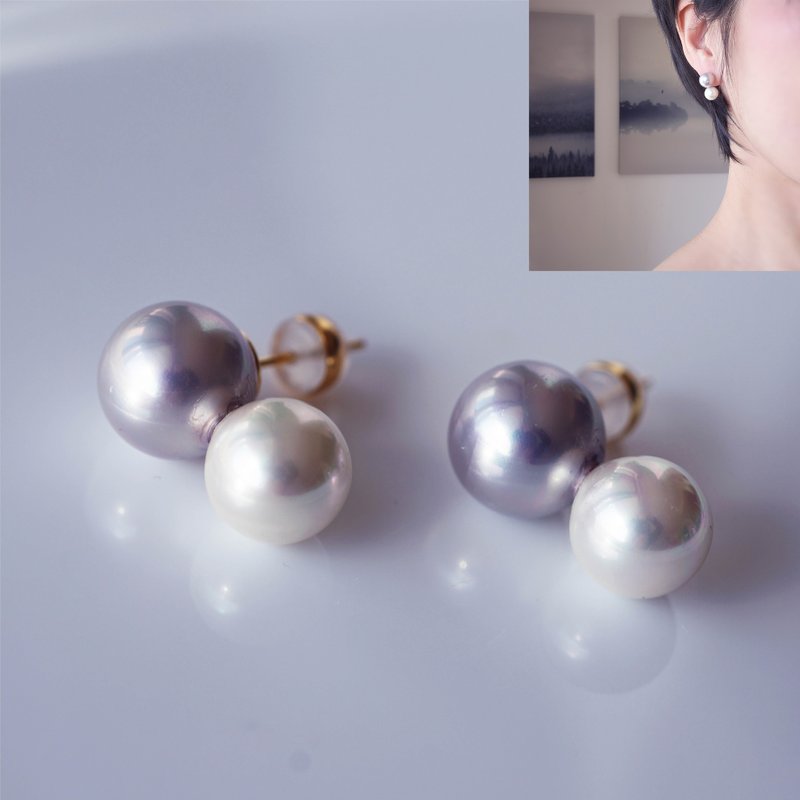 绝佳光泽 双贝珍珠耳环 茧玉 - 耳环/耳夹 - 宝石 灰色