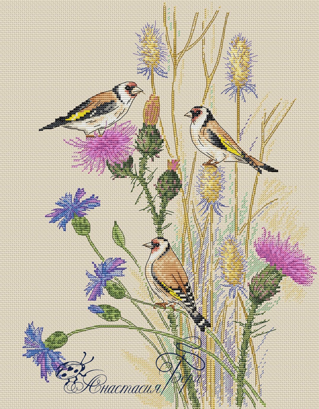 Bird Cross Stitch Pattern PDF Instant Download Goldfinch Cross Stitch Flower - 手工艺教程/工具书 - 其他材质 
