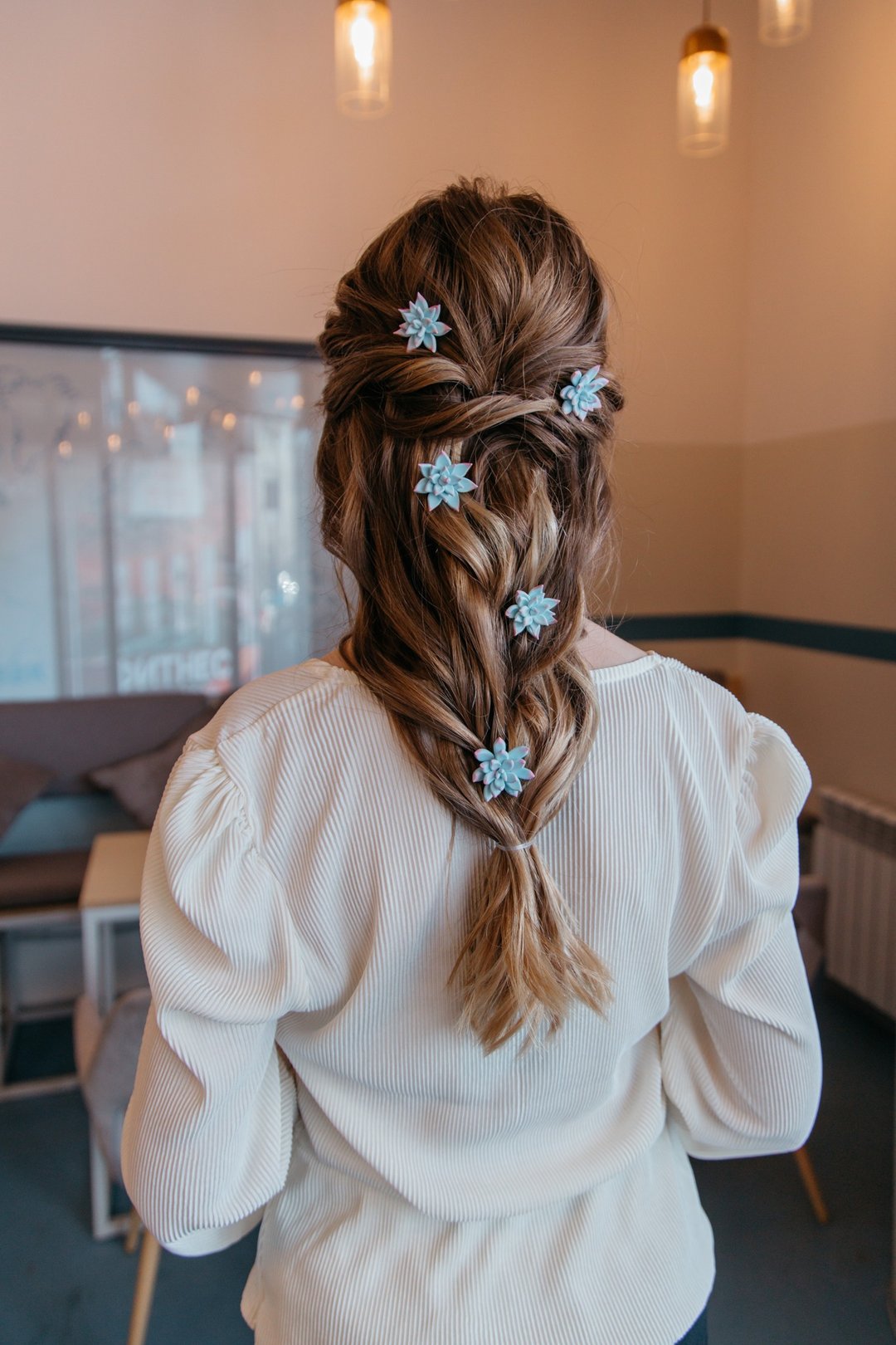 Blue succulent hairpins Bridal hair piece. Dusty blue hairpins - 发饰 - 粘土 蓝色