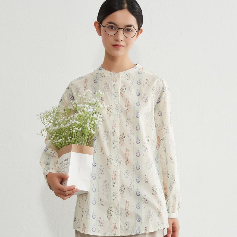 100%纯棉 条纹风植物印花 自然风格 长袖衬衫 - 女装衬衫 - 棉．麻 黄色