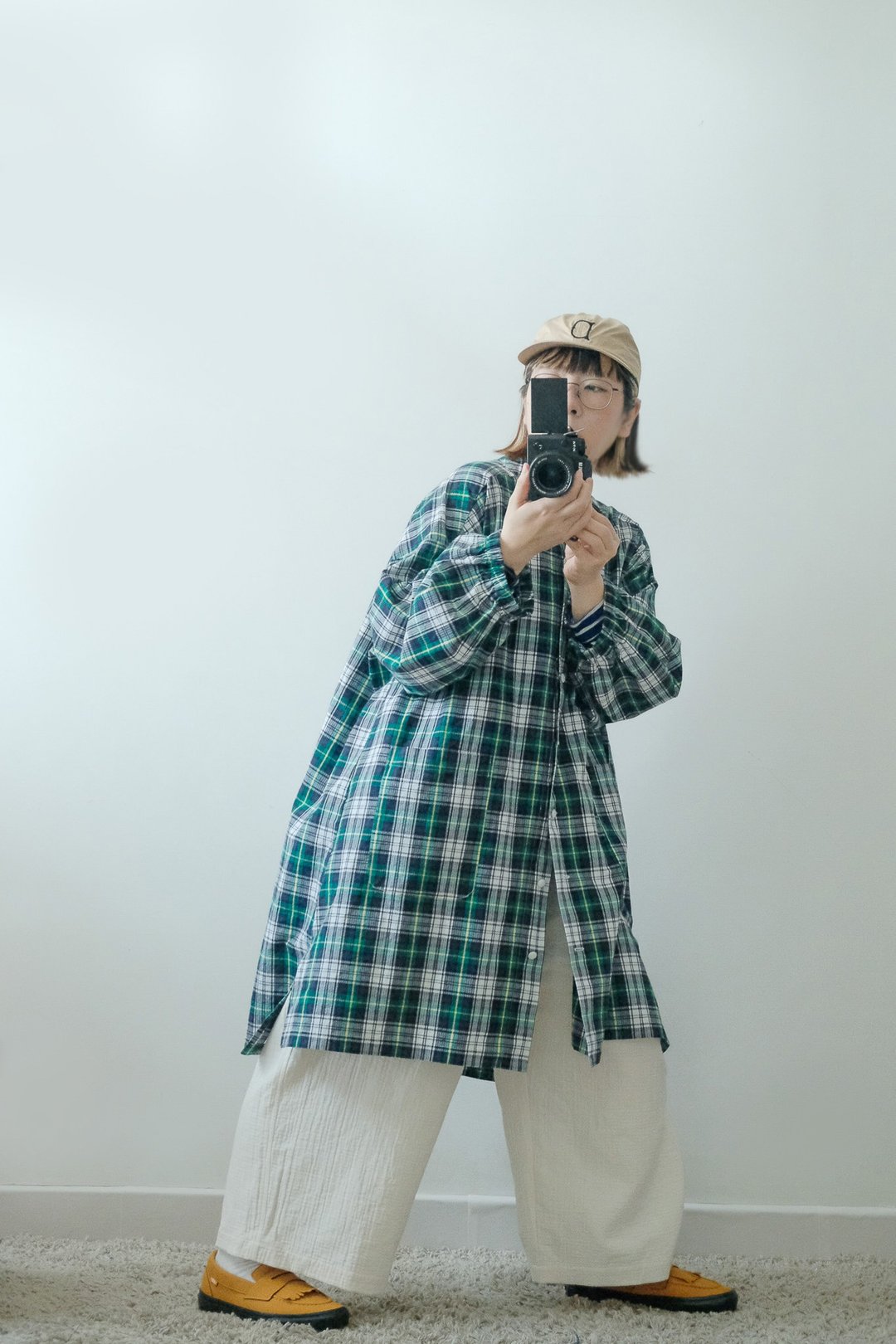 绿格纹泡泡布中长版宽宽衬衫 - 洋装/连衣裙 - 棉 绿色