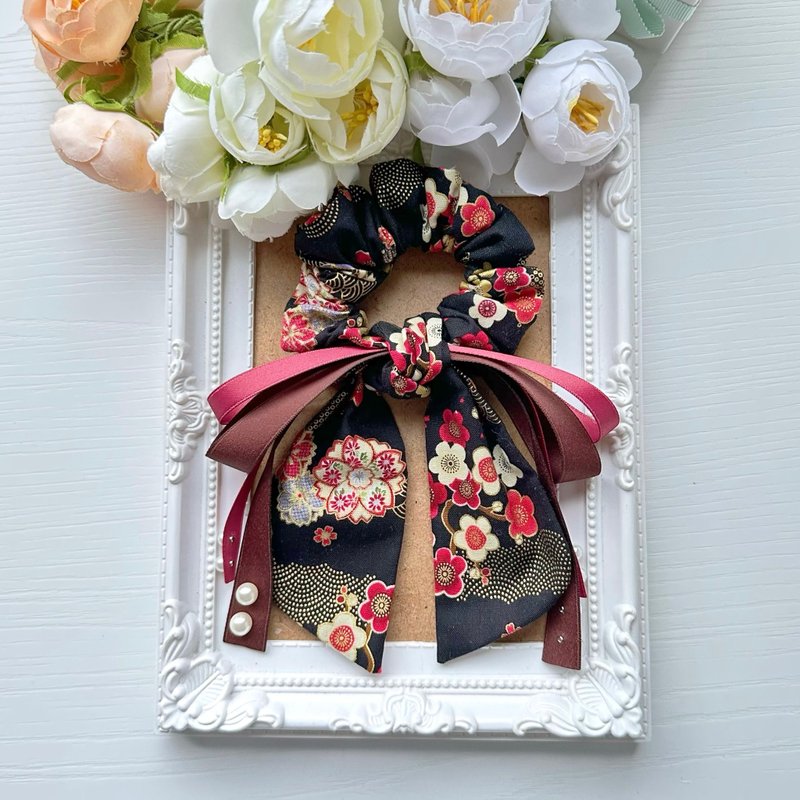 棉布长尾蝴蝶结发圈大肠圈发饰-古典日式烫金小花 - 发饰 - 其他材质 黑色