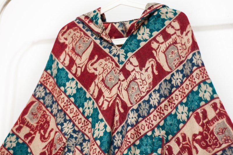 印地安民族风流苏斗篷/波希米亚斗篷披肩/羊毛连帽斗篷-大象森林 - 围巾/披肩 - 羊毛 多色