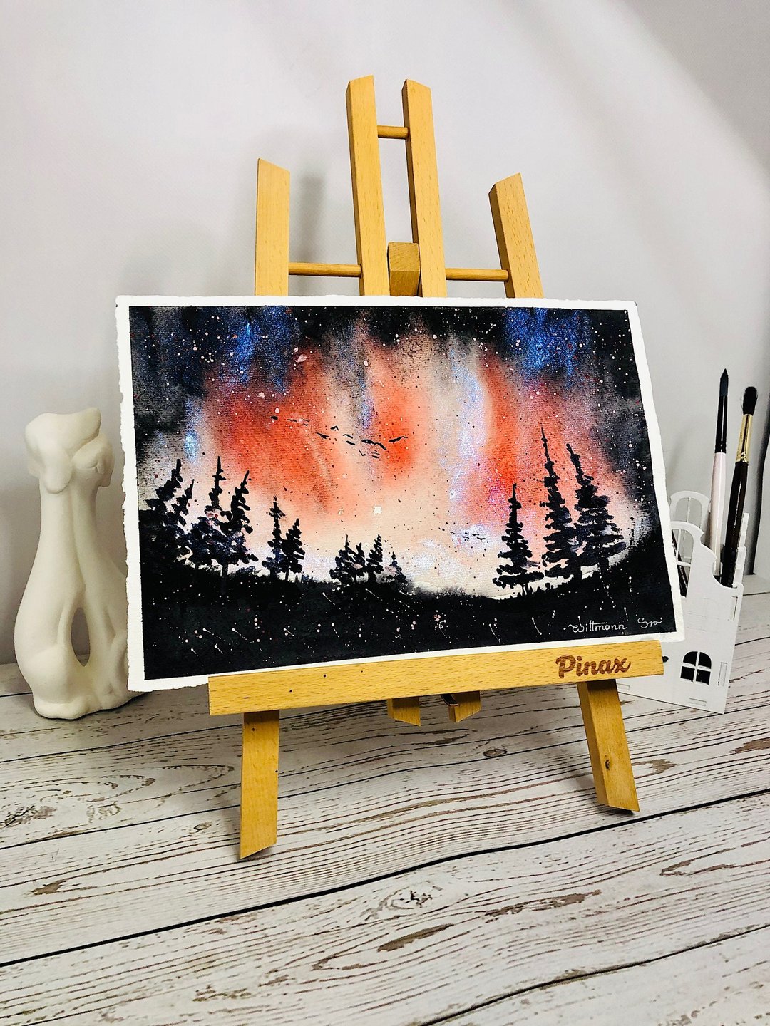 Northern Lights Painting Landscape Original Art Aurora Borealis Art 8 by 12 in - 墙贴/壁贴 - 纸 红色