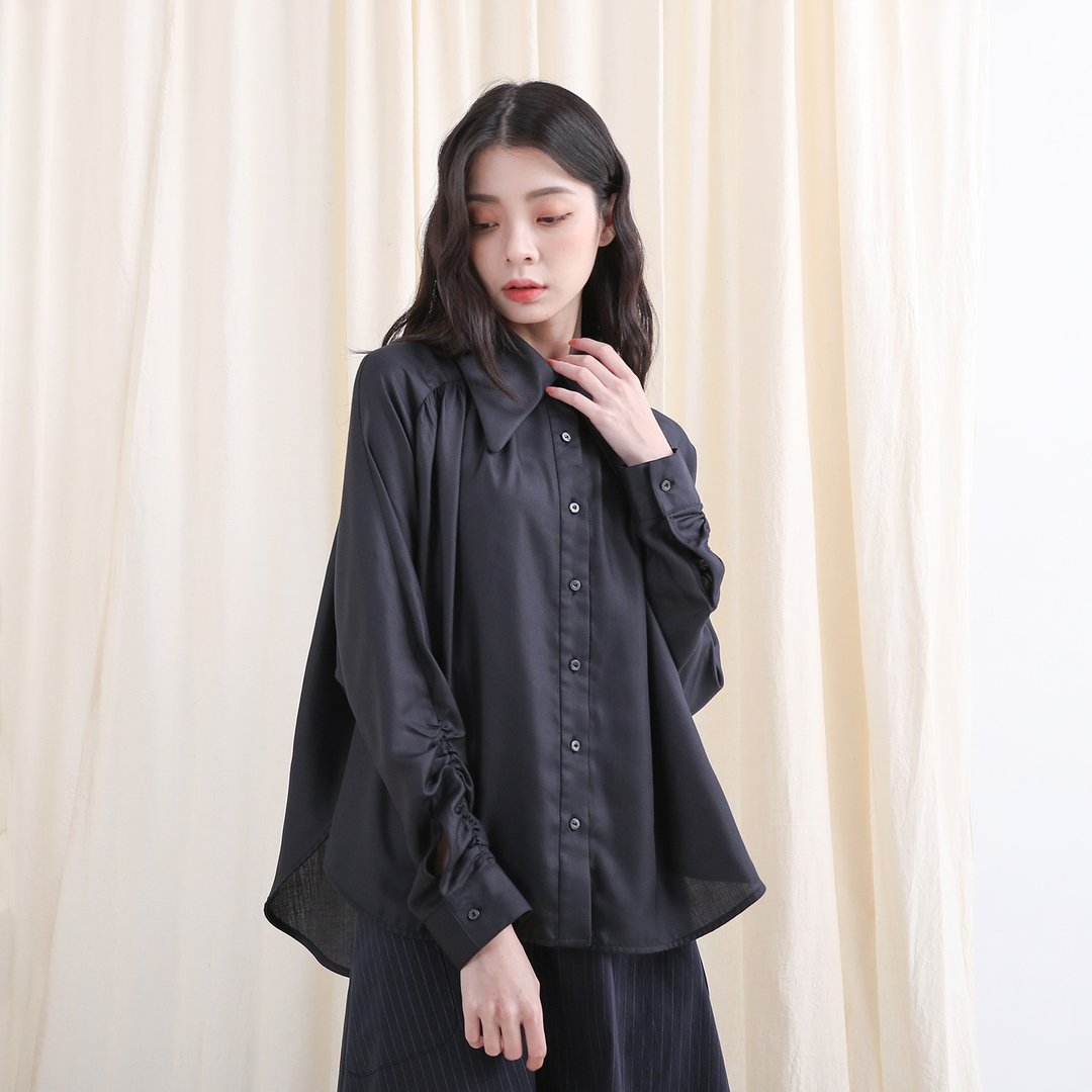 Yilu_一缕抽皱衬衫_21AF051_藏青 - 女装上衣 - 聚酯纤维 蓝色