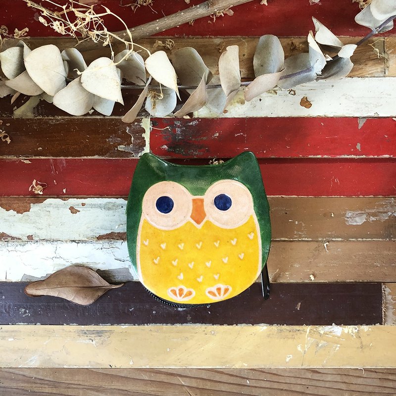 山羊皮零钱包-绿色猫头鹰-公平贸易 - 零钱包 - 真皮 绿色