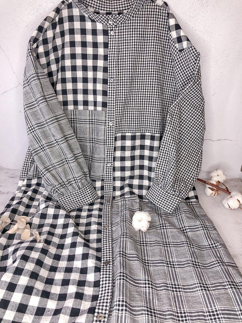 三种日本棉麻黑白格纹不对衬拚接小立领开襟长版衬衫洋装 - 洋装/连衣裙 - 棉．麻 黑色
