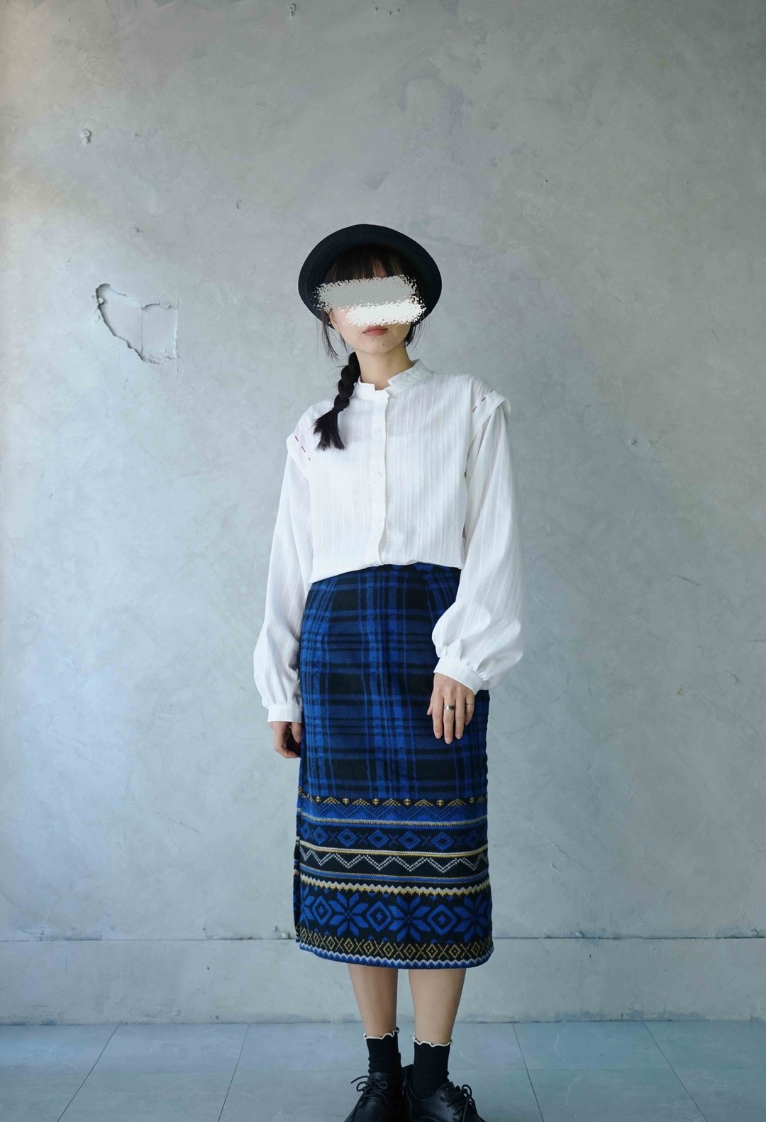 设计手作 - 宝蓝色格纹雪花缇花织纹双面织棉质过膝裙 - 裙子 - 棉 蓝色