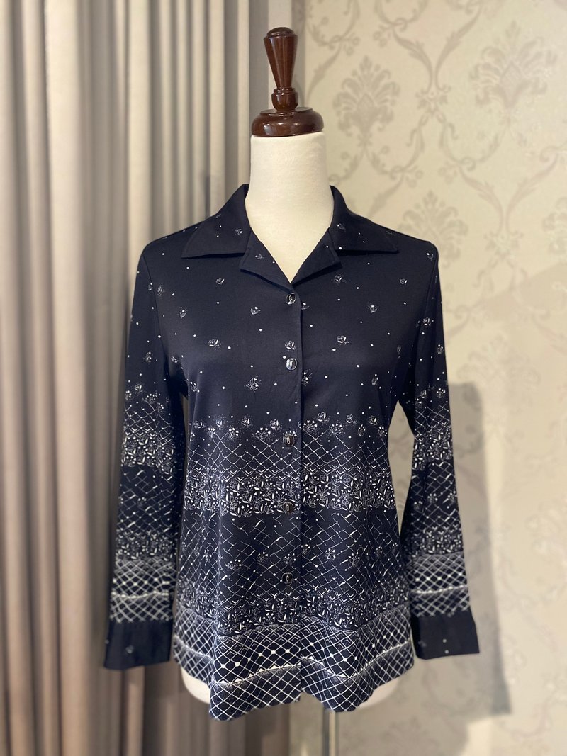 黑色精致花样古着长袖衬衫 - 女装衬衫 - 聚酯纤维 黑色