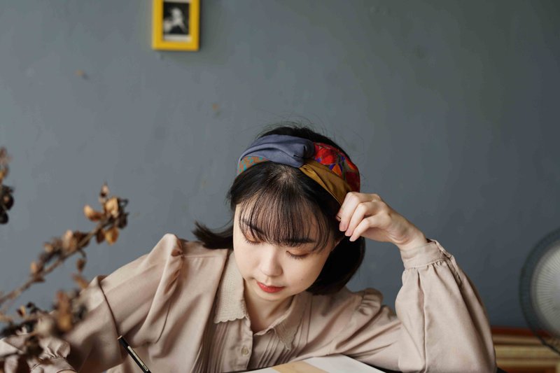 wabisabi日式四色配色交叉松紧发带-秋色连波-深灰 - 发带/发箍 - 聚酯纤维 灰色