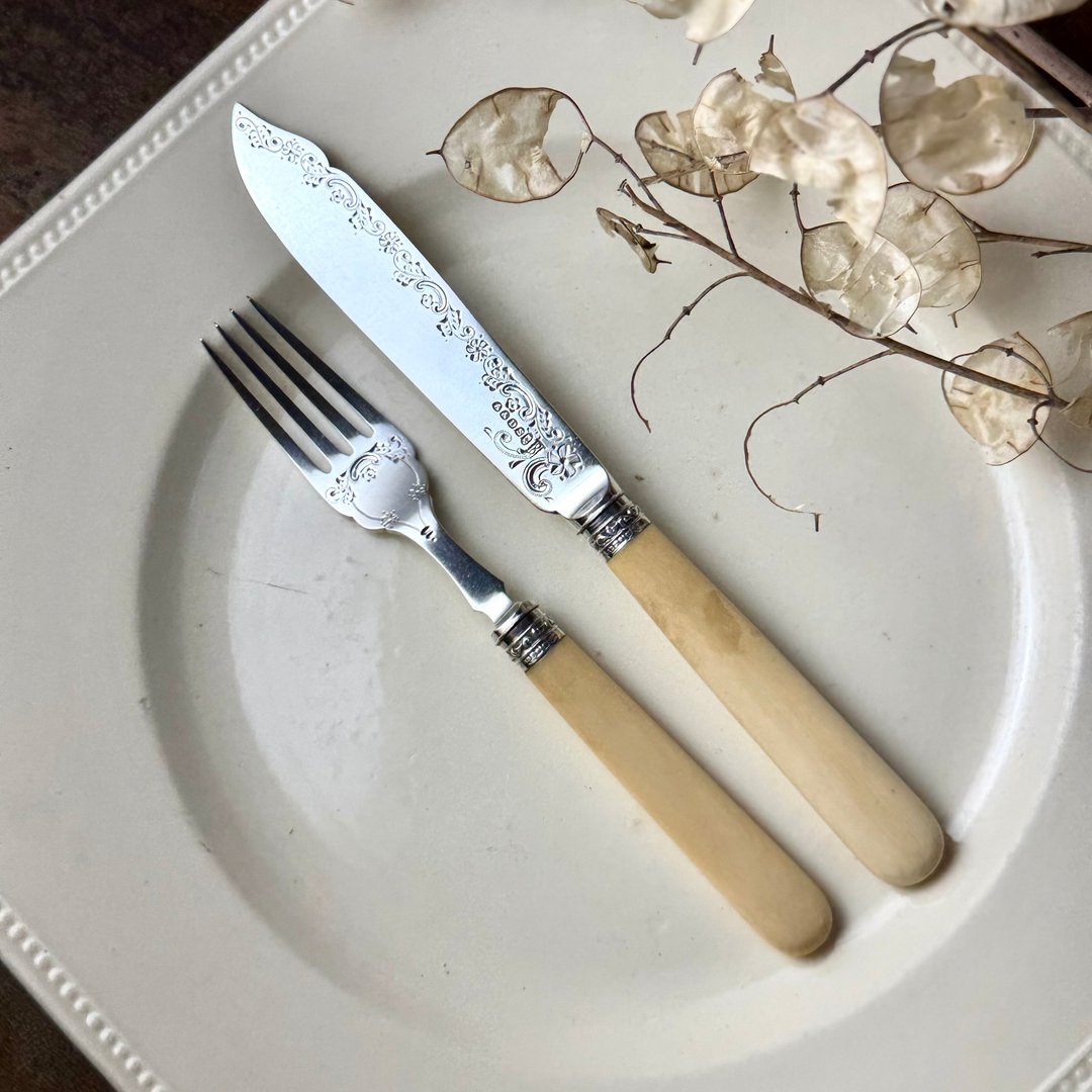50591-绝美古董纯银环珍稀材质手柄刀叉组 - 餐刀/叉/匙组合 - 其他材质 