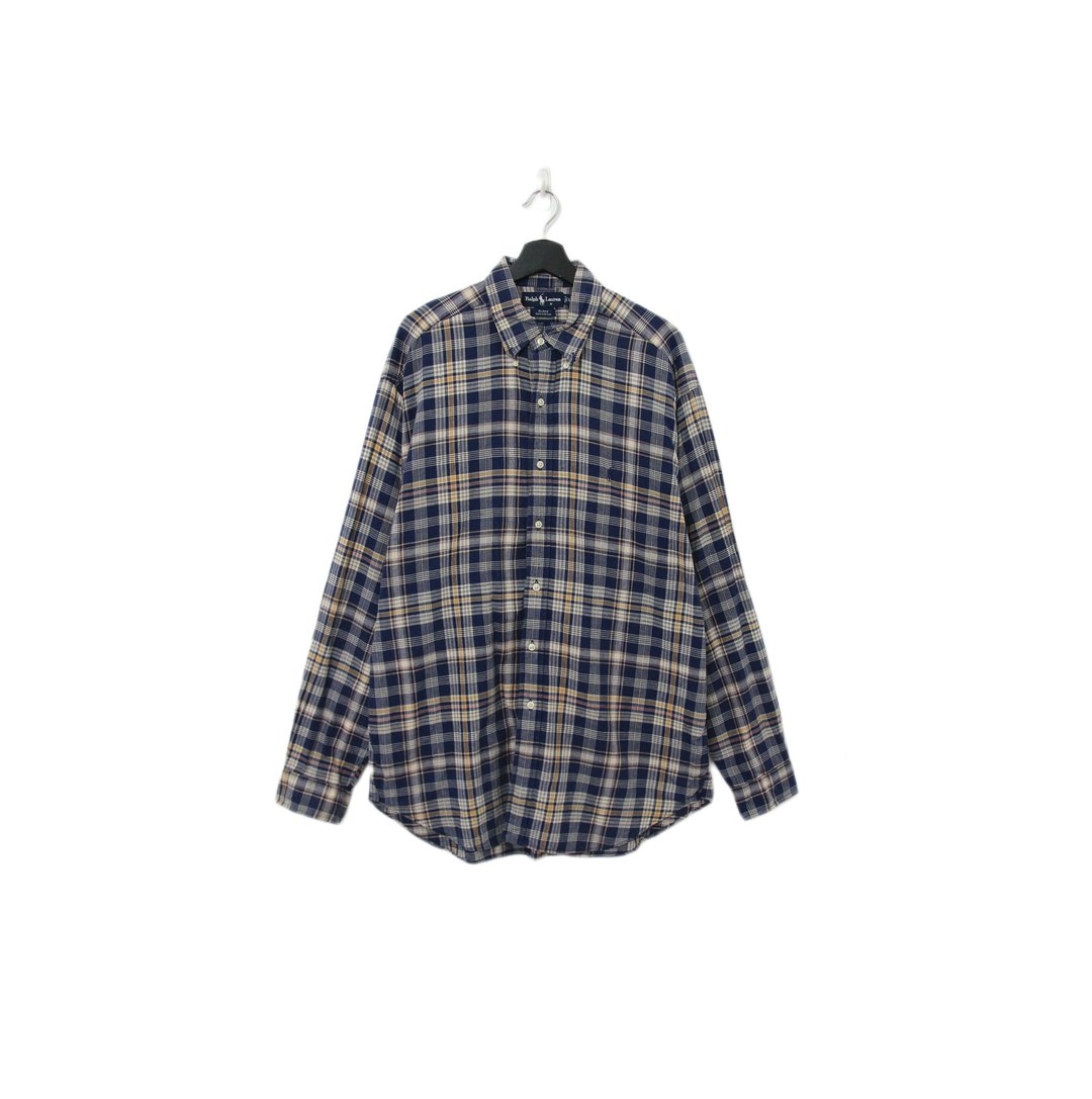 Back to Green-品牌衬衫 Polo深蓝与黄格纹 sh-01//vintage shirt - 男装衬衫 - 棉 