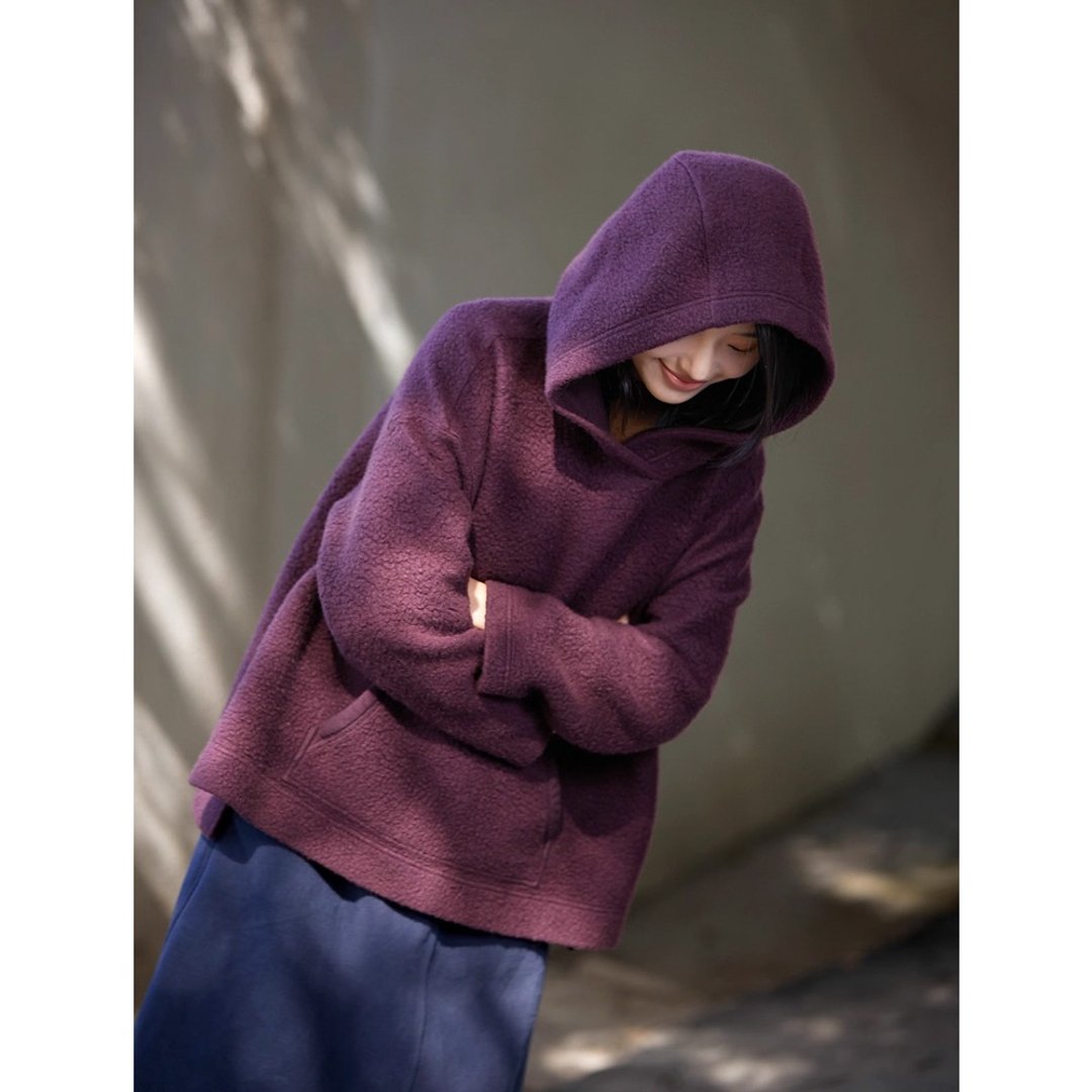 西梅紫摇粒绒布温暖厚实宽松连帽卫衣 冬裝 - 女装上衣 - 棉 