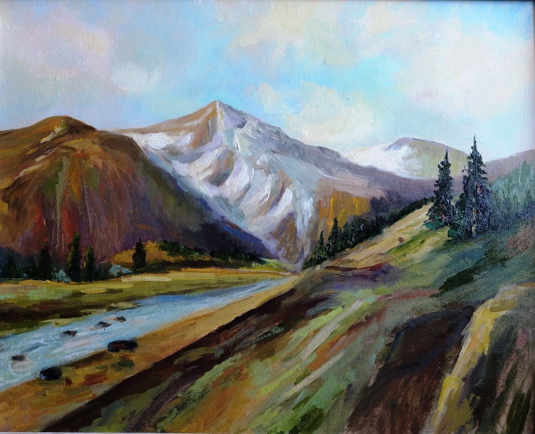 Mountains Painting Oil Meadow Original Art 油畫原作 River Landscape Artwork - 海报/装饰画/版画 - 其他材质 多色