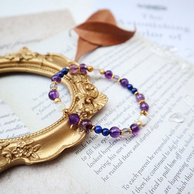 智慧理性/拥有贵人缘│紫水晶-紫幽灵-白月光石│黄铜 弹性线手链 - 手链/手环 - 水晶 紫色