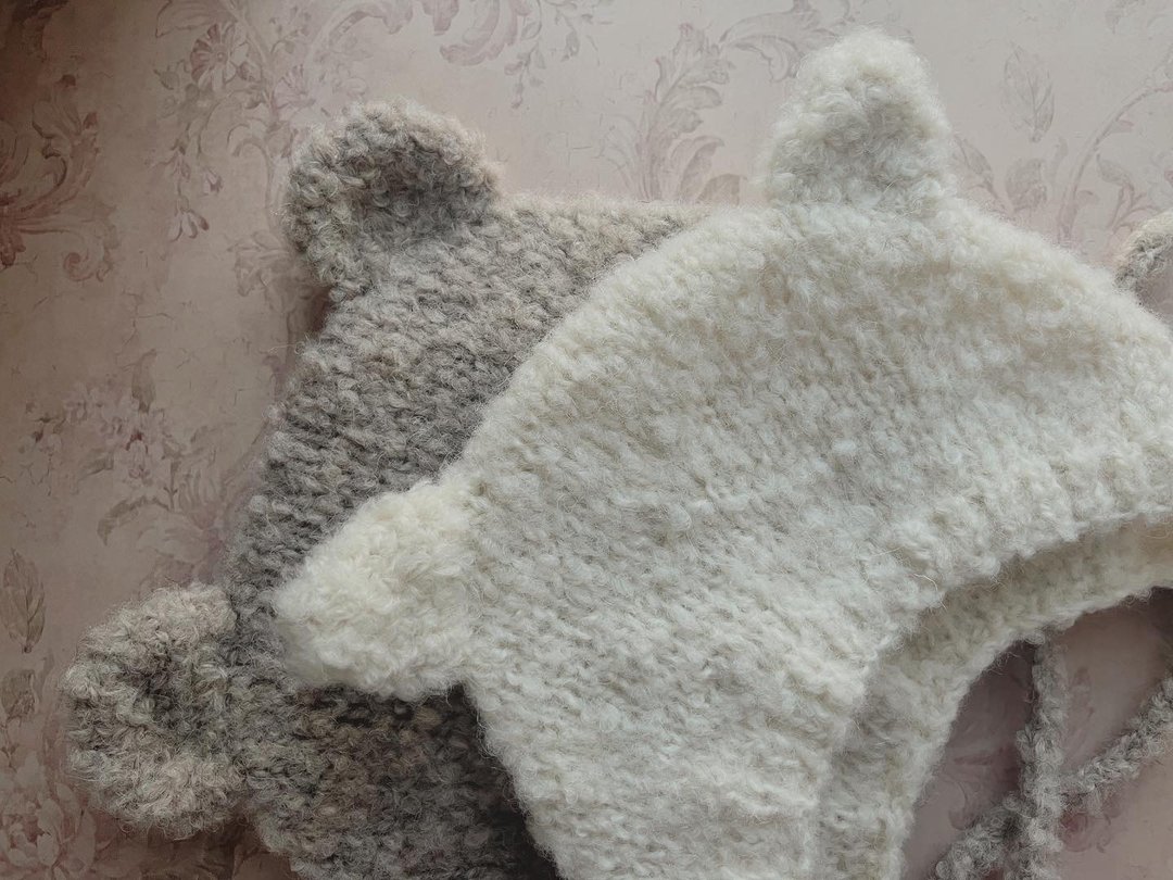 Alpaca wool bonnet with ears - 婴儿帽/发带 - 羊毛 白色