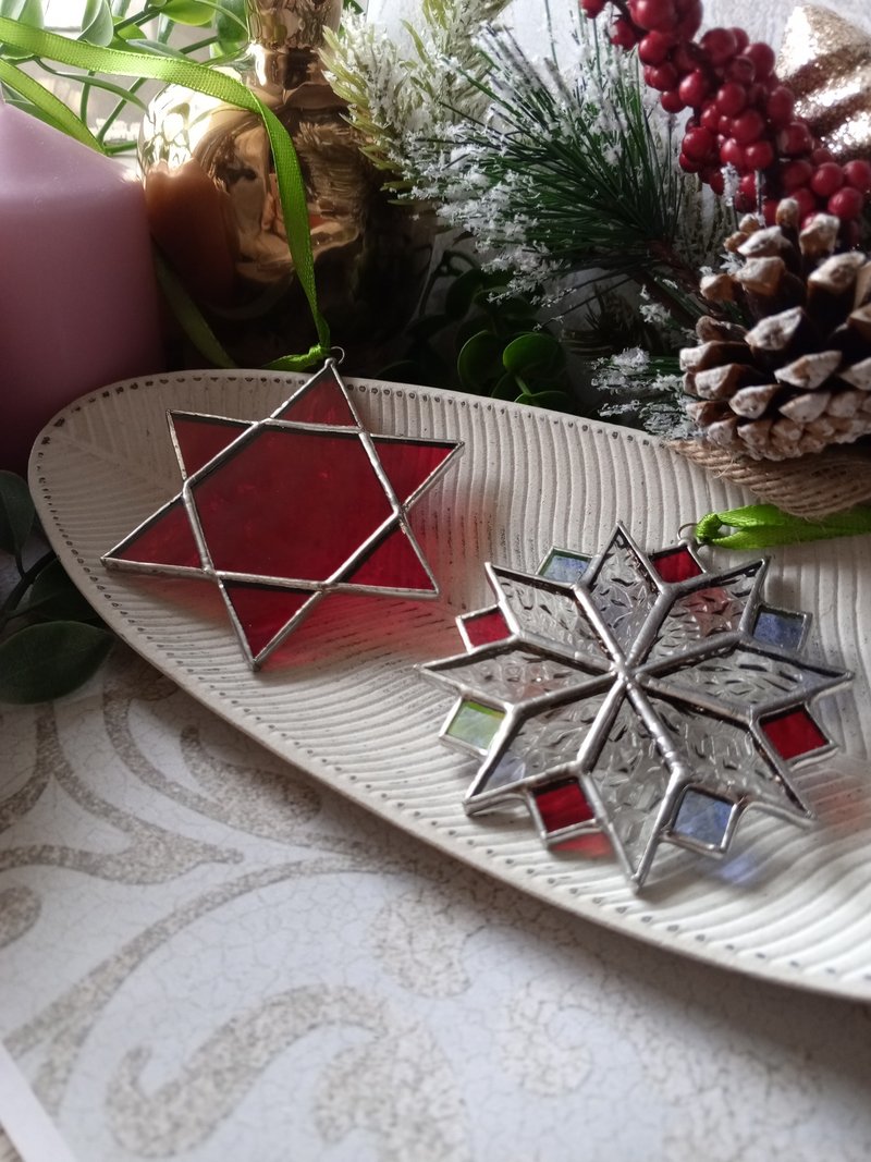 两片式雪花挂饰，圣诞装饰，梅尔卡巴，简约彩绘玻璃 - 其他 - 玻璃 红色