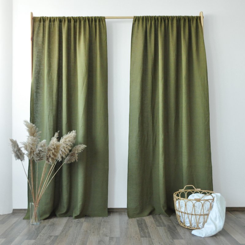 Dark olive regular and blackout linen curtains / Custom curtains / 2 panels - 门帘/门牌 - 亚麻 绿色