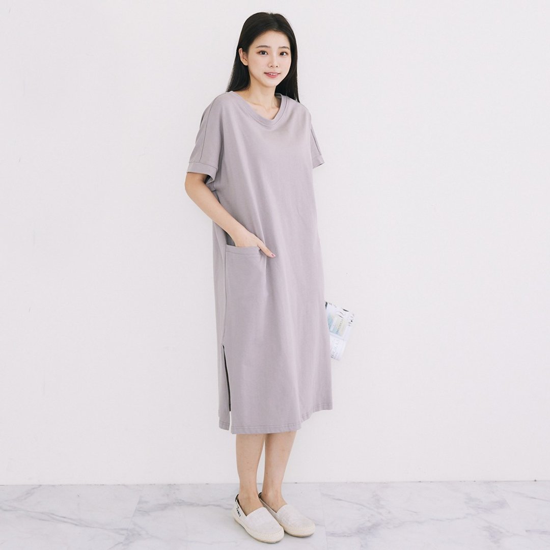 双口袋侧开针织长版衣 藕灰F - 女装上衣 - 棉 灰色