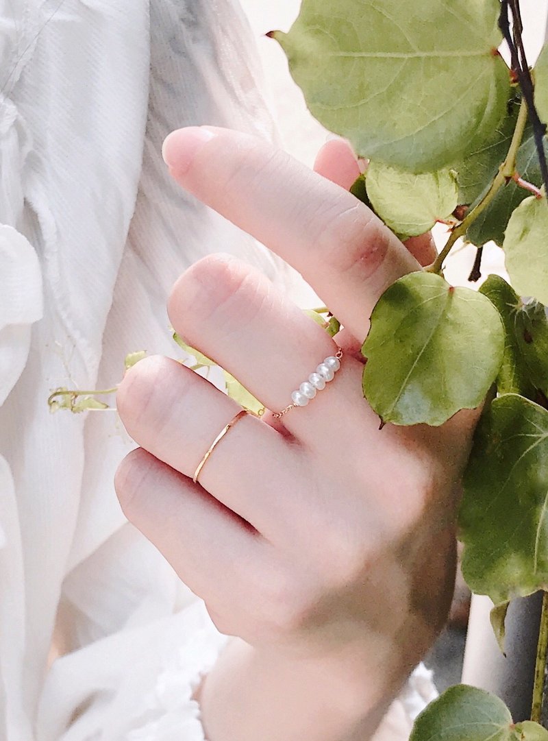 经典淡水珍珠 链戒 14k包金 可调节松紧 - 戒指 - 珍珠 金色