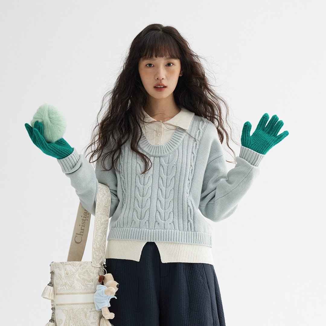 polo领假两件绞花毛衣|针织衫|两色|冬款|Sora-1715 - 女装针织衫/毛衣 - 羊毛 多色