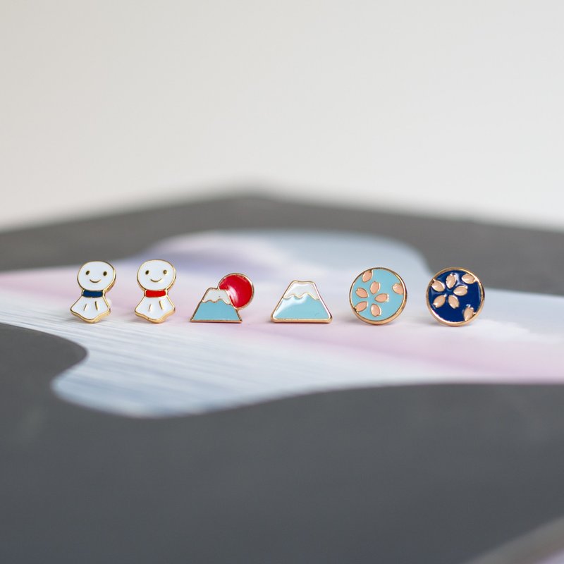 富士山日出 晴天娃娃 日本 樱花系列 夹式耳环 低敏钢针 生日礼物 - 耳环/耳夹 - 珐琅 