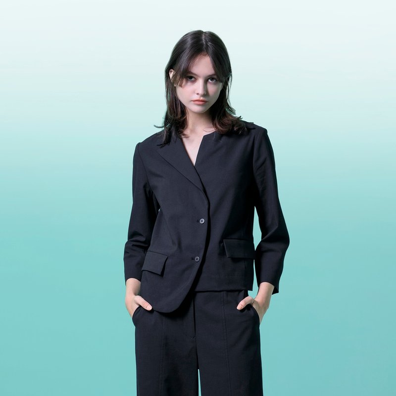 可单穿左右不对称西装 - 女装西装外套/风衣 - 棉．麻 黑色