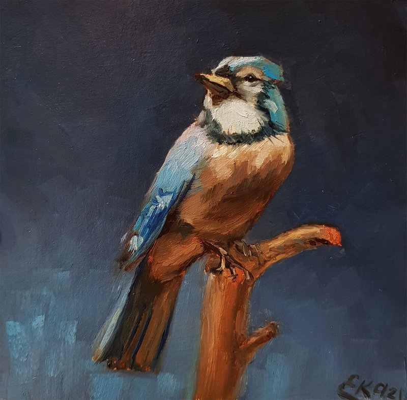 Blue Jay Painting Bird Art Animal Oil Original Painting Woodland Animal Artwork - 墙贴/壁贴 - 其他材质 蓝色