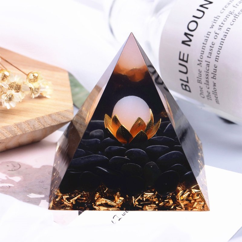 金字塔奥根塔Orgonite奥刚塔金色莲花脉轮冥想水晶/黑曜石/蛋白石 - 摆饰 - 水晶 