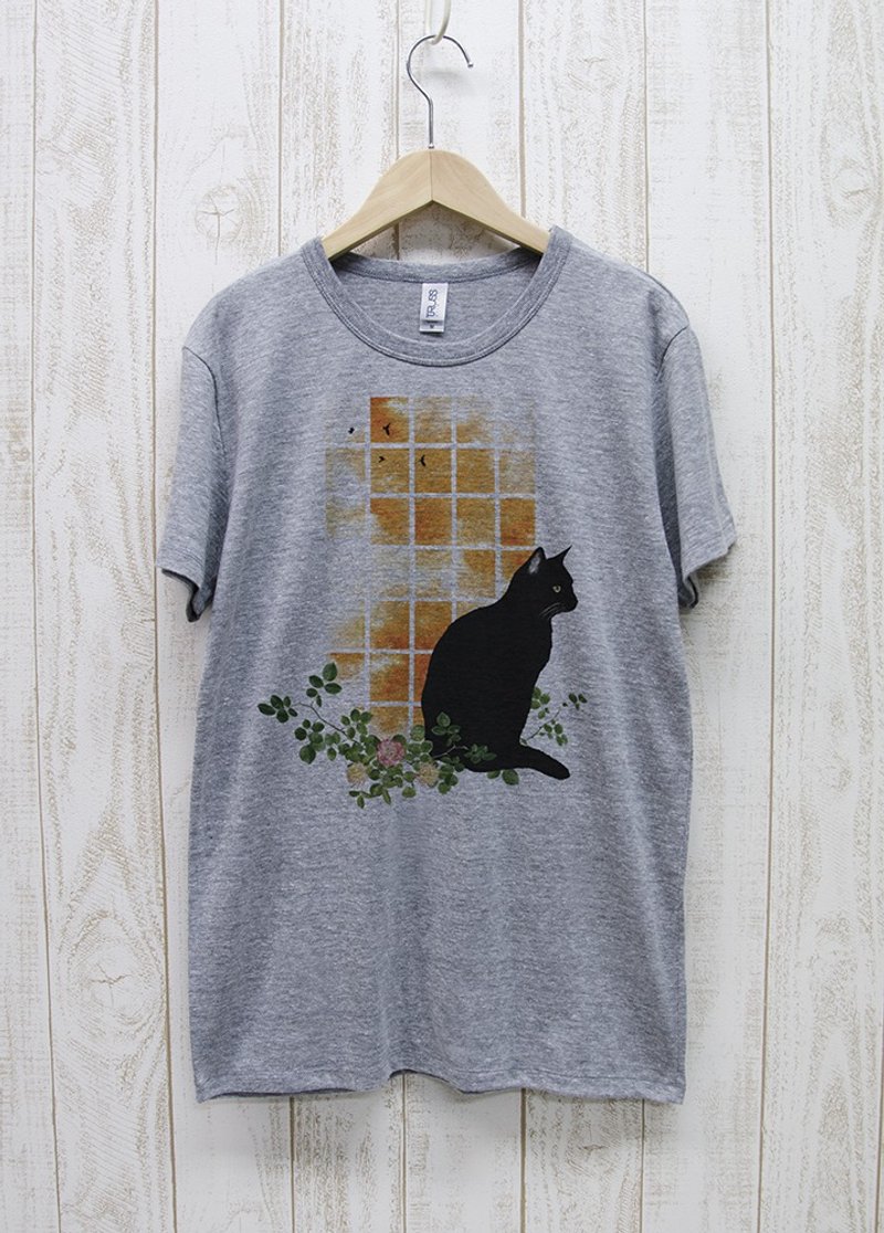 Standing Black Cat Window SUNSET Heather Gray / R030-TT-GR - 中性连帽卫衣/T 恤 - 棉 灰色