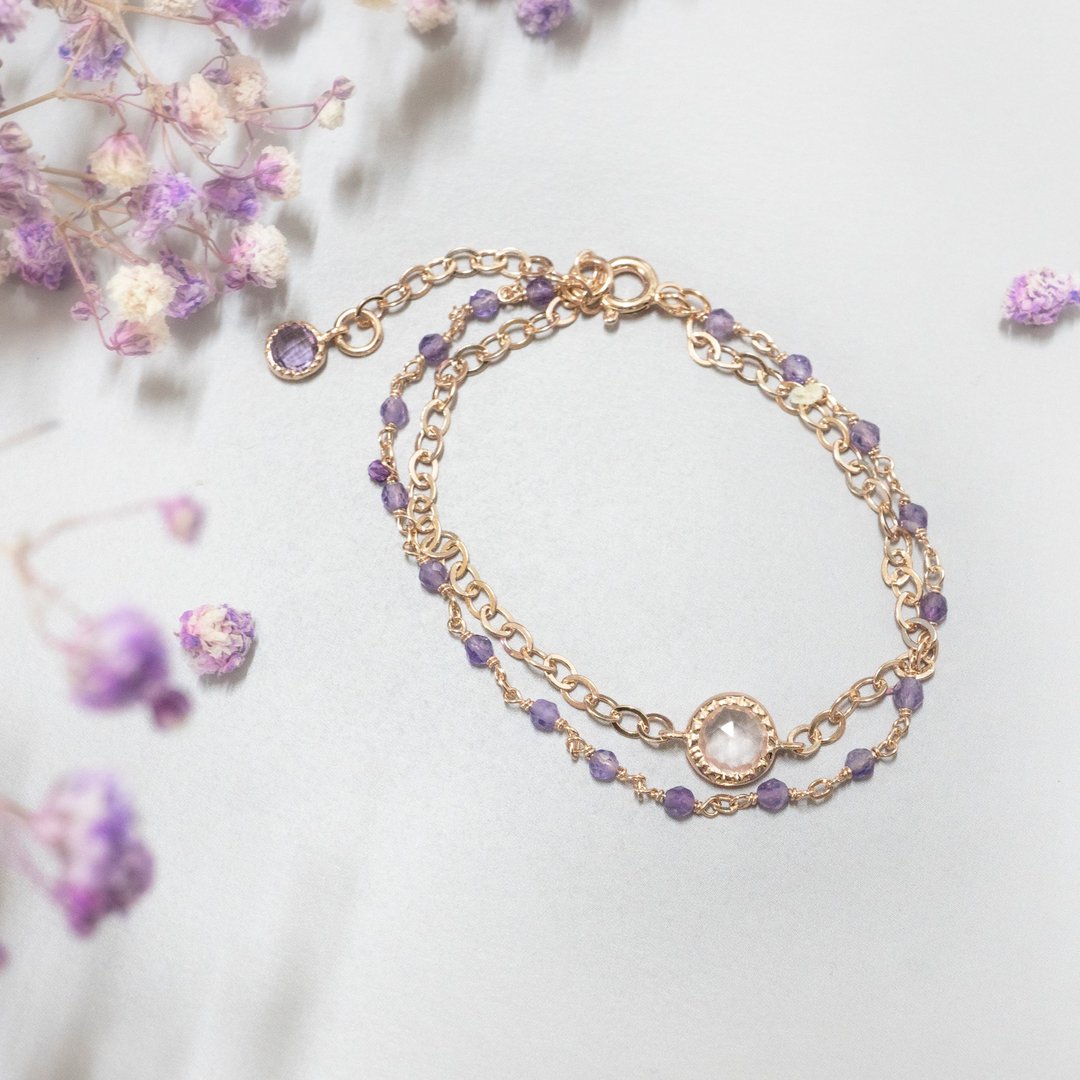 紫晶粉晶双层手链 Mystic Violet Bracelet - 手链/手环 - 纯银 