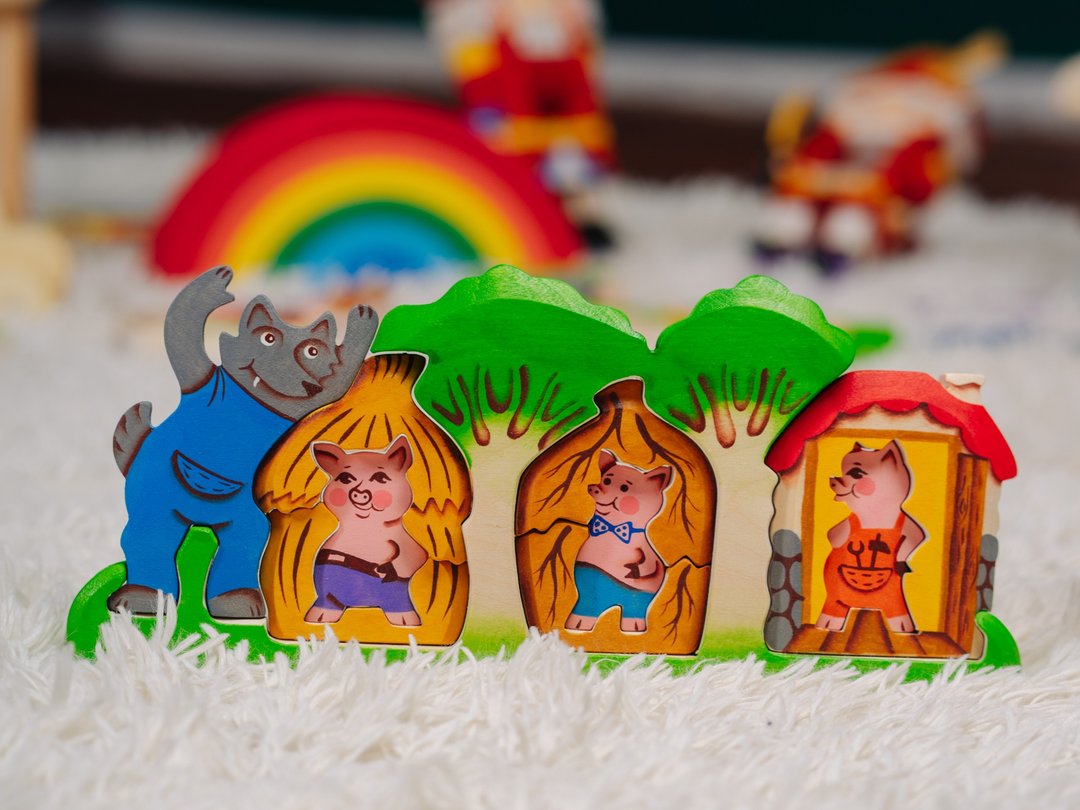 Wooden 3D Puzzles Three Little Pigs with / or DIY Wooden Meccano Stacker House - 玩具/玩偶 - 木头 多色
