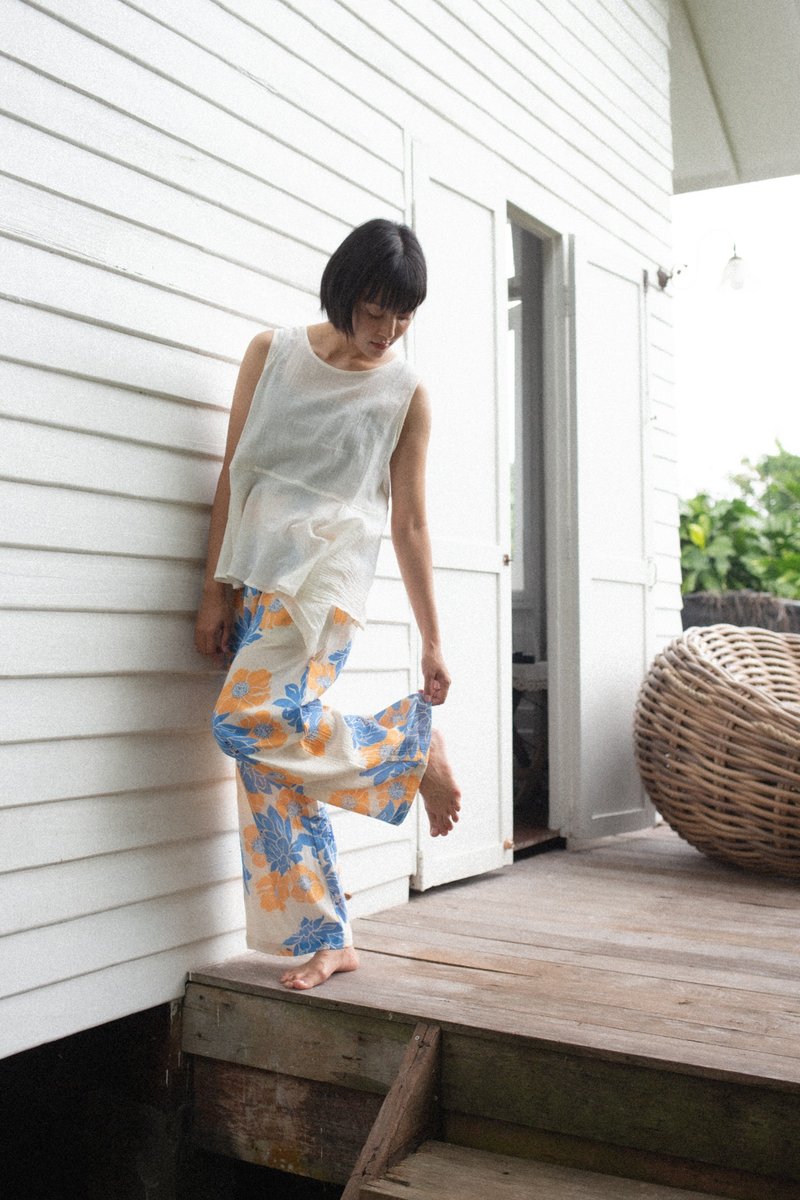 Mulmul orange floral wide pants - 女装长裤 - 棉．麻 橘色