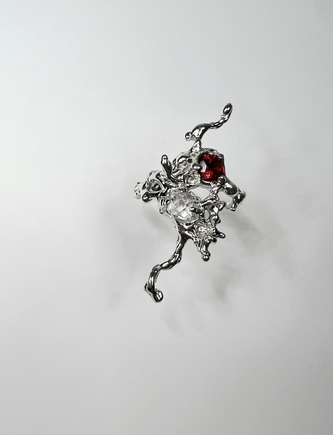 Garnet 石榴石 / Herkimer Diamond赫基蒙水晶 纯银设计戒指 - 戒指 - 宝石 红色