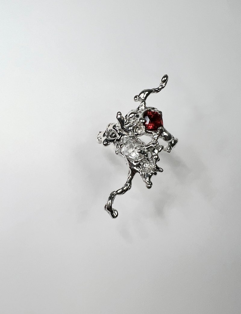 Garnet 石榴石 / Herkimer Diamond赫基蒙水晶 纯银设计戒指 - 戒指 - 宝石 红色