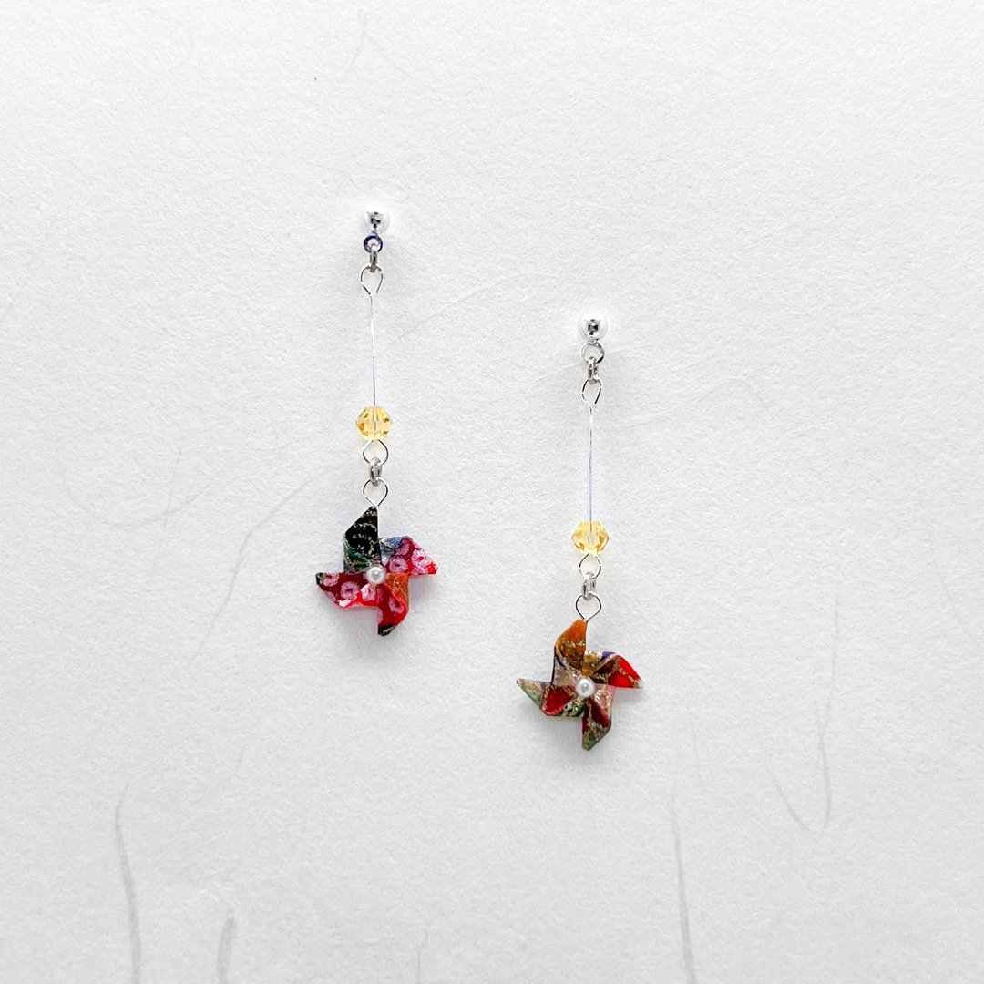 Chearrings | Origami 日本和纸 手工折纸 风车耳环 | 款式 W002 - 耳环/耳夹 - 纸 红色