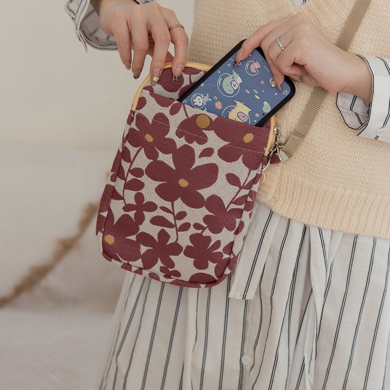 日本制 - 尾州织 栽出小花园吐司型手机包侧背包 - 粉 - 侧背包/斜挎包 - 棉．麻 粉红色