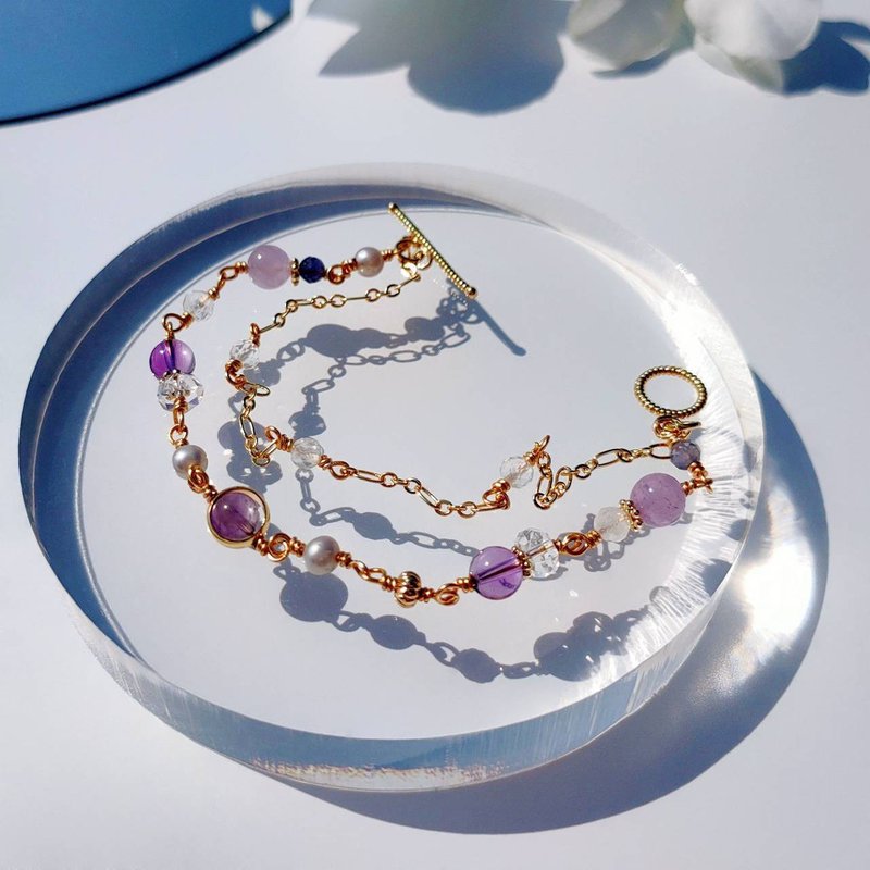 想念却不想见的人。紫水晶 淡水珍珠 堇青石 14K包金 水晶手链 - 手链/手环 - 水晶 紫色