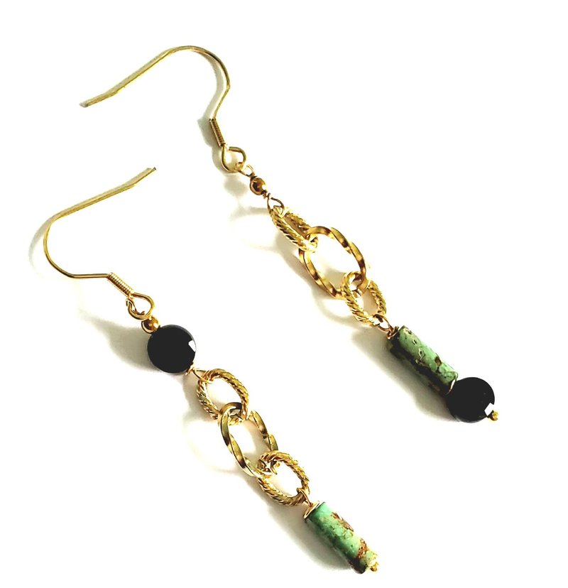 天然黑色碧壐绿松石吊款耳环 - 耳环/耳夹 - 宝石 
