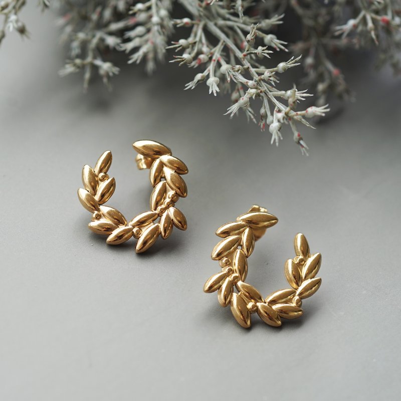 橄榄枝与果实 手术级不锈钢耳环 橄榄 - 耳环/耳夹 - 宝石 金色