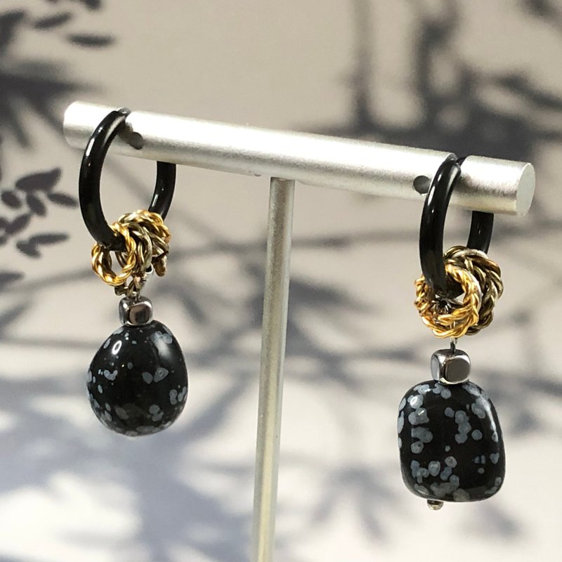 雪花黑曜石钢圈耳环 中性设计 - 耳环/耳夹 - 石头 黑色