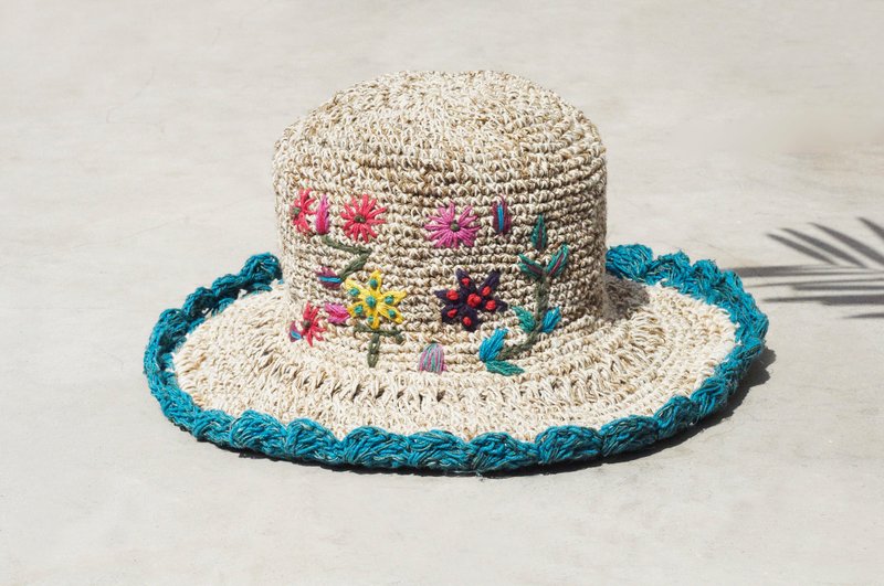 母亲节礼物 限量一件 手工编织棉麻帽/编织帽/渔夫帽/遮阳帽/草帽/草编帽 - Boho 缤纷刺绣花朵 森林风 ( 蓝色 ) - 帽子 - 棉．麻 多色