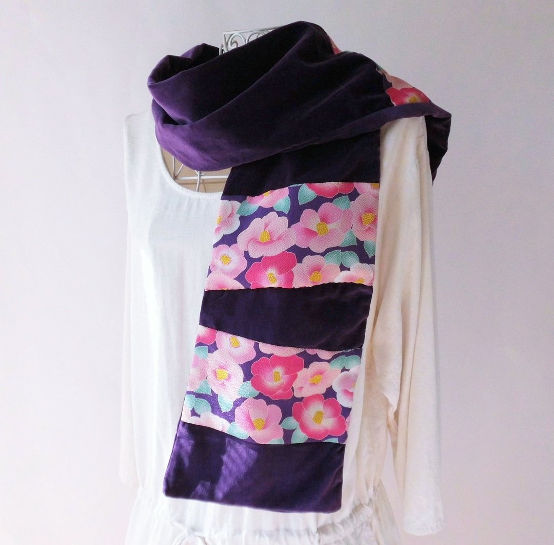 Bendin_1 Chirimen, Japanese-style leopard stall, deep purple - 围巾/披肩 - 棉 紫色
