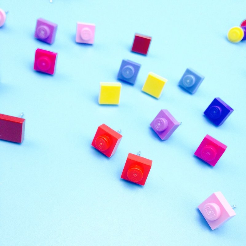 积木 纯银耳钉 方形 多色可选 - 耳环/耳夹 - 纯银 