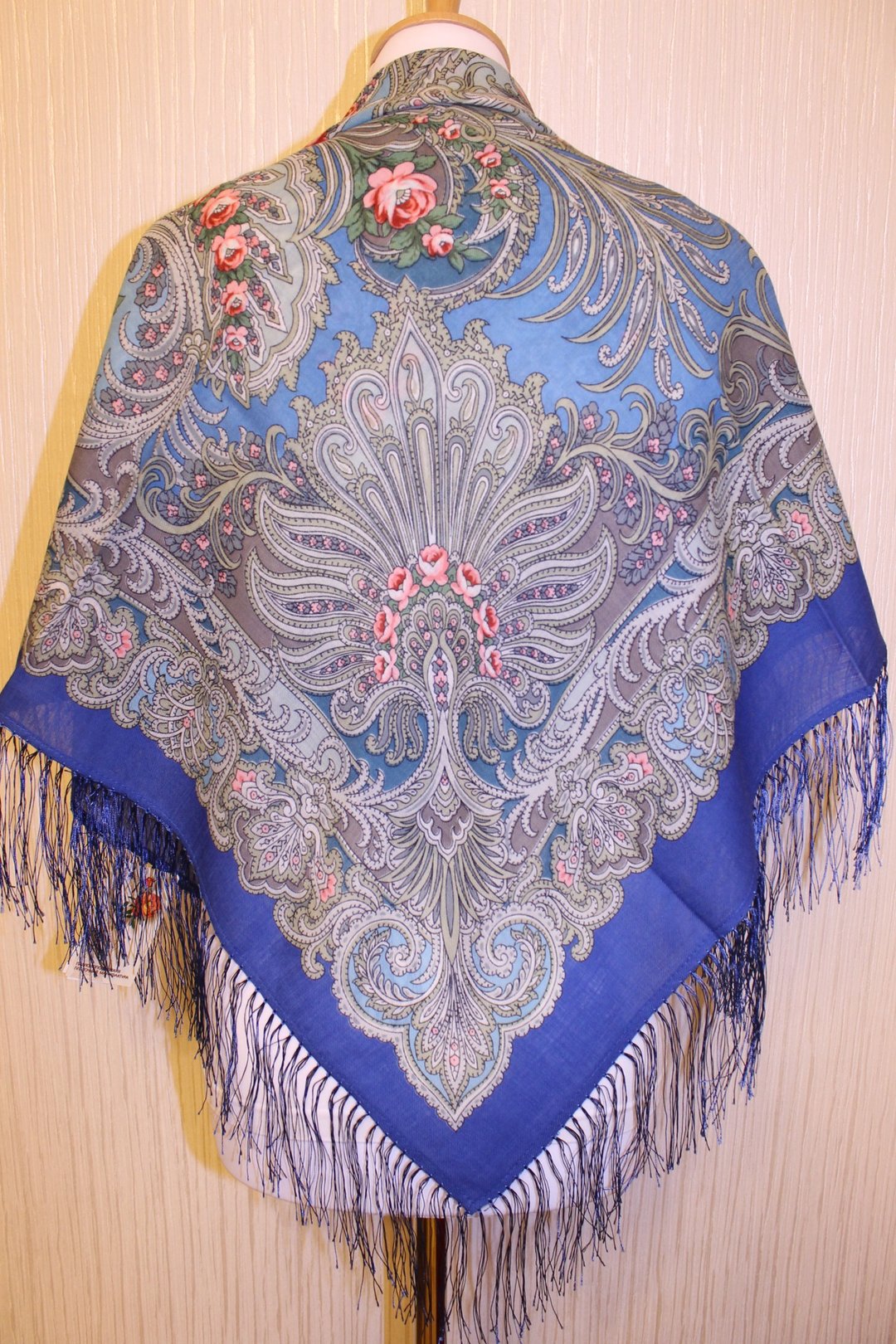 正品 Павлово Посад 俄罗斯披肩围巾 柔软 100% 羊毛 89x89 厘米 681-13 - 丝巾 - 羊毛 蓝色