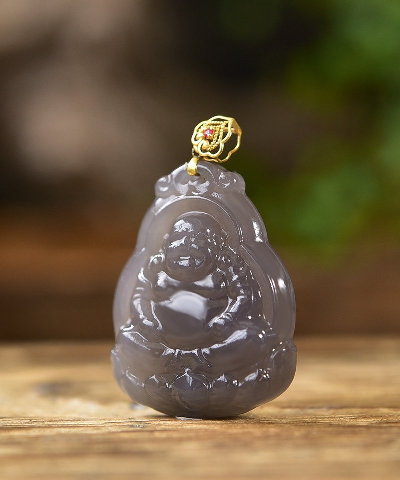 秒杀价 天然新疆和田玉18k烟紫佛公吊坠 雕工精致 - 吊饰 - 玉石 