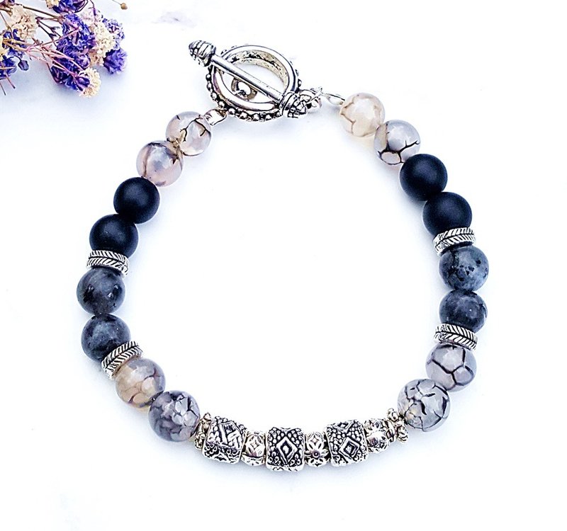 <勇气光轮-银月>黑龙纹玛瑙 x闪光石 x磨沙黑玛瑙手链 定制化礼物 - 手链/手环 - 水晶 黑色