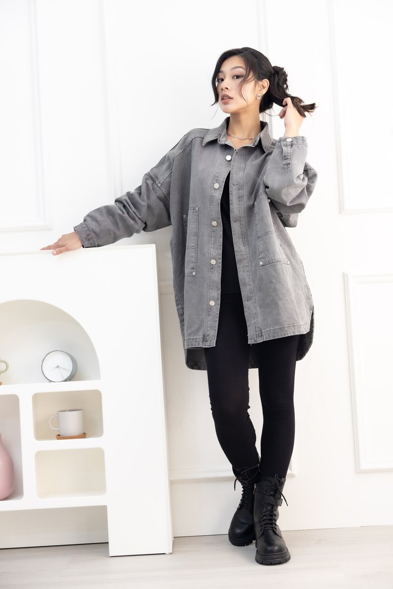 圆弧下摆牛仔长袖外套 浅灰色 - 男装外套 - 其他材质 灰色